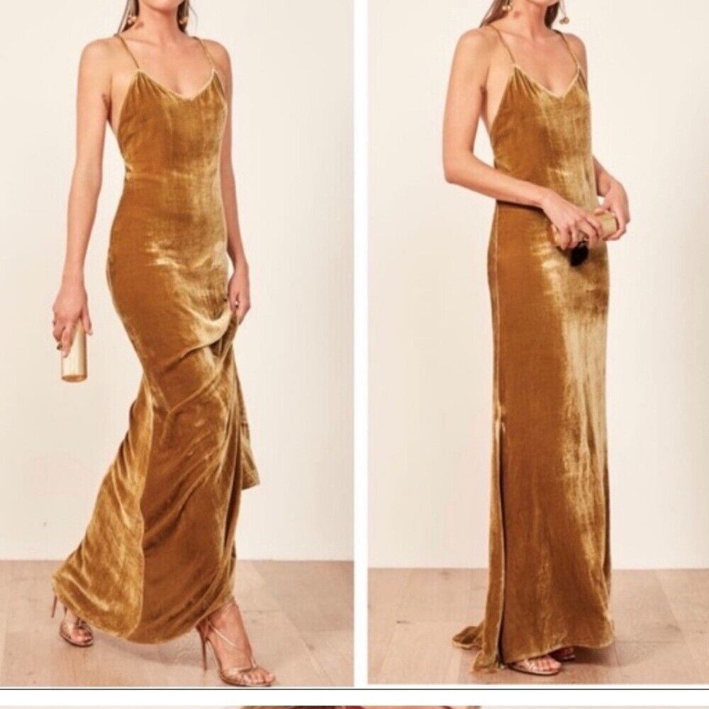 💛Reformation💛 “Rimini Dress” Gold Velvet New Years Eve Maxi Gown winter trend